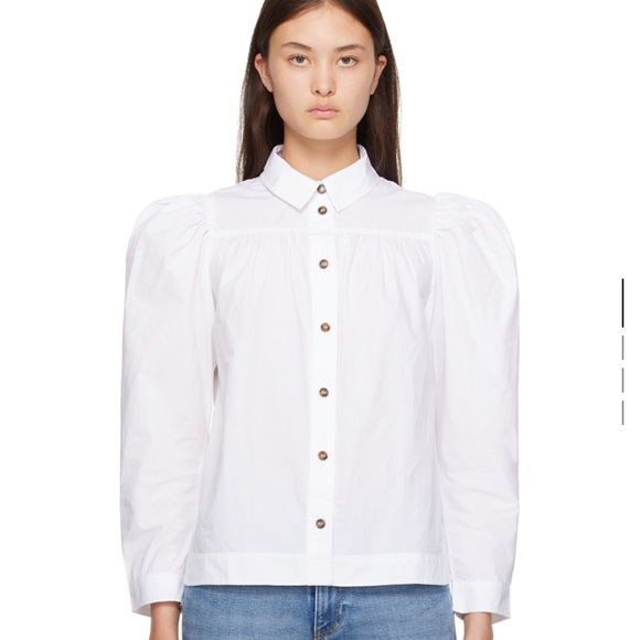 GANNI White Button-Up with Puff Sleeves Shirt - Picture 1 of 6
